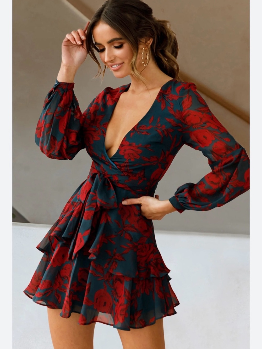 Floral Wrap Mini Dress in Red and Dark Green